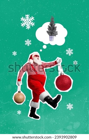 Comics sketch collage picture of funny santa claus delivering new year tree decorations isolated green color background