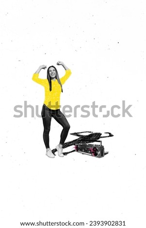 Vertical picture full length body size collage of woman meloman listen dj tape recorder resting clubbing isolated on white background