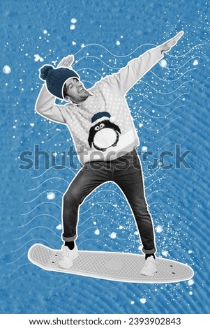 Vertical collage picture of excited positive black white colors guy ride snowboard hands dubbing isolated on snowy blue background