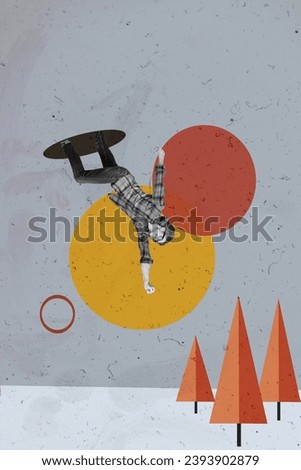 Vertical collage image of black white effect excited guy fly through hole snowy forest isolated on creative grey background