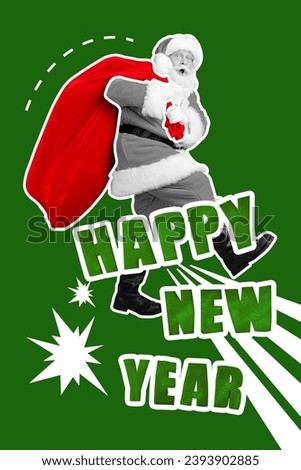 Vertical collage of black white effect impressed grandfather santa carry happy new year presents bag isolated on green color background