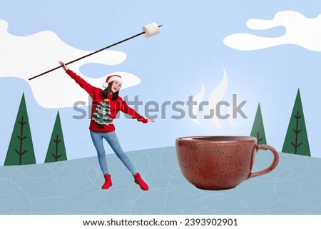 Artwork collage picture of funky girl hand hold marshmallow stick huge hot chocolate cacao mug walk snowy forest outdoors