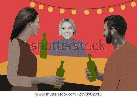 Photo collage artwork picture of smiling buddies company enjoying friday beer isolated graphical background