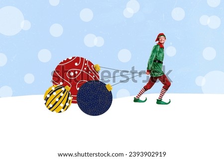 Creative composite collage artwork photo of friendly man in elf costume pull christmas balls decoration isolated on colorful background