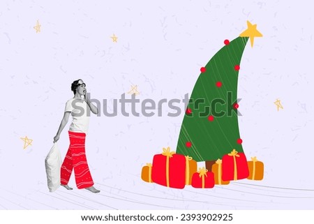 Collage picture of black white colors sleepy girl hold cushion yawning walk christmas tree gifts isolated on painted background