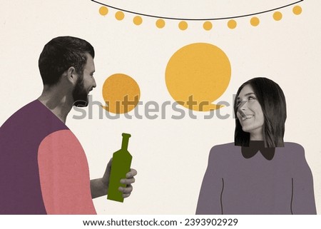 Photo collage artwork picture of smiling happy lady guy drinking beer talking empty space isolated white color background