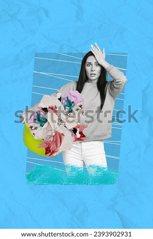 Image collage of surprised amazed girl spending weekend cleaning home washing clothes isolated on drawing background