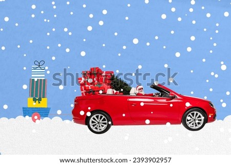 3d retro creative artwork template collage of santa claus man deliver present gift red car drive happy merry christmas new year theme x-mas