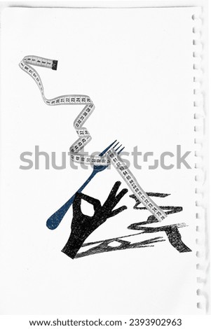 Vertical collage of human hand hold fork lunch low calories meals dieting concept ruler centimeters measure isolated on white page background