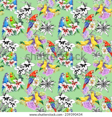 Exotic parrots and beautiful flowers seamless pattern on green background 
