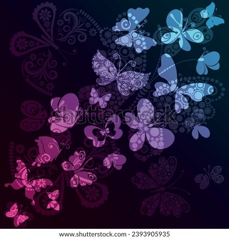 Vector silhouettes of flying colorful butterflies of various shapes. Gradient. Dark background