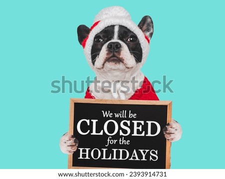 Signboard with the inscription We will be closed for the Holidays. Cute puppy. Closeup, indoors. Studio shot. Pets care concept