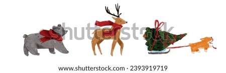 Cute winter animals with a Christmas tree, watercolor. Collection of Vector  illustrations. Cozy Watercolor clip art elements, ready to print. Perfect for invitation, card, poster, banner, decorations