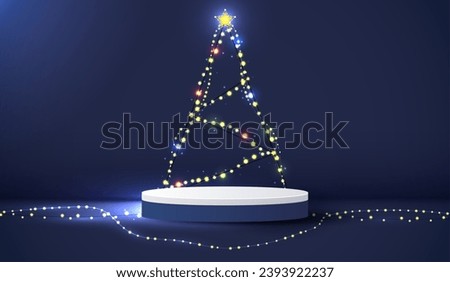 Podium shape for show cosmetic product display for Christmas day or New Years. Stand product showcase on blue background with light tree christmas. vector design.