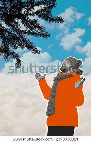 Vertical collage picture of excited black white colors guy raise hands evergreen tree branch isolated on clouds sky background