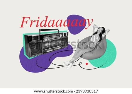 Picture poster collage artwork of happy cheerful girl enjoying relax rest friday good mood isolated on drawing background