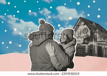 Creative collage picture of black white colors peaceful partners cuddle dance snowfall town building enjoy magic christmas time