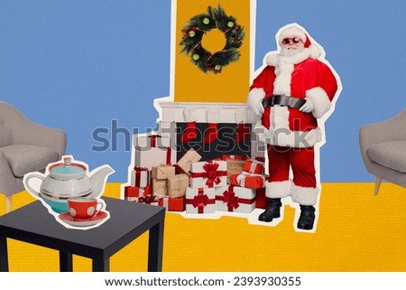 Exclusive magazine picture sketch collage image of smiling funky santa claus delivering new year presents isolated creative background