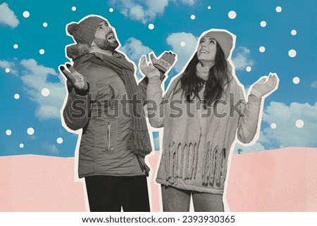 Artwork collage picture of black white colors cheerful partners raise hands snowfall isolated on creative winter background