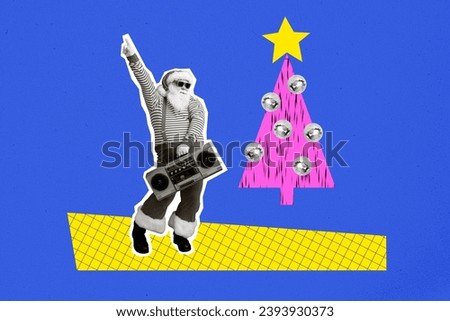Creative collage picture of black white colors overjoyed grandfather santa hold boombox point finger dance decorated new year tree