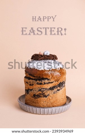 Easter cake on plate on beige paper background. Royalty-Free Stock Photo #2393934969