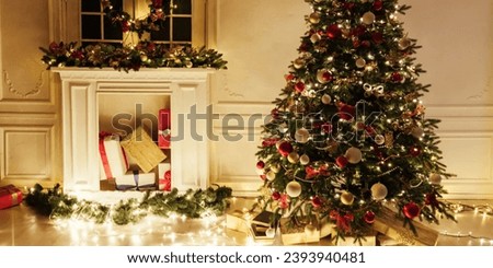 Christmas tree with well arranged items, packed gifts for the kids, vibrant colors, lights, green, red and complete a holiday home Royalty-Free Stock Photo #2393940481