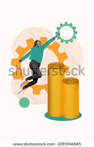 Vertical collage picture of mini excited black white colors girl jump big pile stack money coins cogwheel gear isolated on creative background