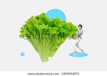 Collage picture of black white colors girl biting lips arms hold huge heavy green lettuce leaf isolated on creative background