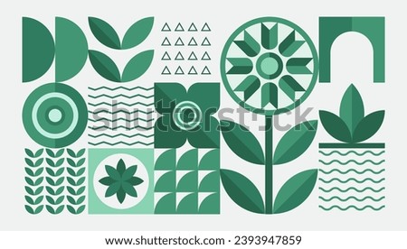 Bauhaus plants, natural geometric pattern in tiles, decorative abstract art with flowers and leaves, vector illustration, banner, wallpaper.