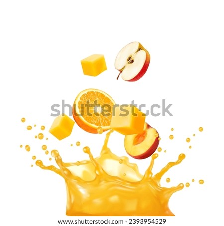 Orange fruit juice mix splash. Isolated realistic 3d vector fresh vitamin drink whirl with droplets, ripe peach, citrus, apple halves and mango dice with liquid transparent refreshing corona splatters
