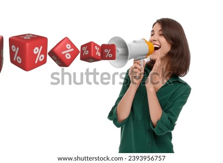 Discount offer. Woman shouting into megaphone on white background. Cubes with percent signs coming out from device