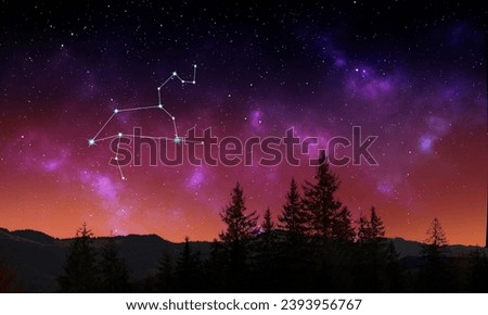 Lion (Leo) constellation in starry sky over mountains at night Royalty-Free Stock Photo #2393956767
