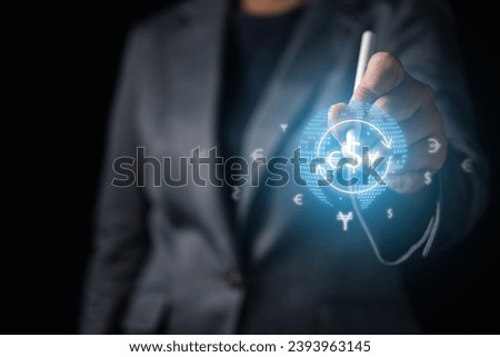 Step into the world of global economics with a businessman's hands and an electronic pen on a virtual screen, displaying international currency exchange rates. Immerse yourself in the future Royalty-Free Stock Photo #2393963145