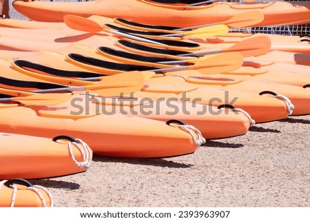 group of waterproof dinghy kayaks lined up in the color of the year apricot crash. Sports boats on the coast close-up