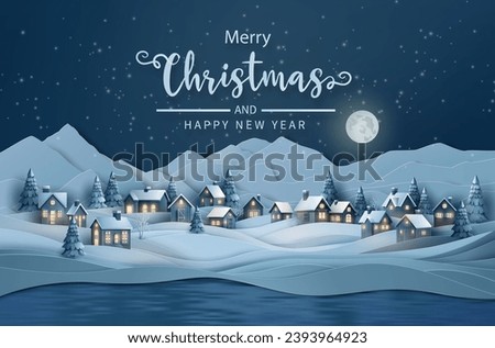 Merry Christmas and Happy New Year , Countryside Christmas night village with full moon,  snowy landscape panorama,
 copy space. , greeting card. Paper cut art style. with digital craft .