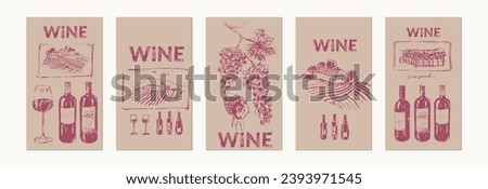 Hand drawn wine illustration. Wine bottles, glass, grapes, vine, vineyard, red wine stains, cork, winery. For wine and drinks menu list, labels and packaging, party invitation. Royalty-Free Stock Photo #2393971545