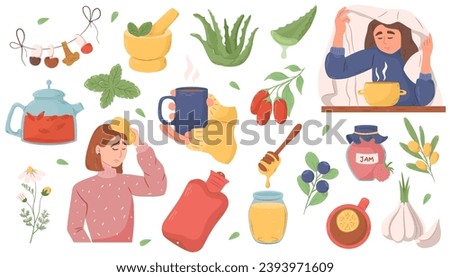 Collection of folk medicine, sick woman with plaid and tea cup with lemon. Set of natural fruit, mushroom and herb. Healthy treatment. Isolated on white background. Vector illustration Royalty-Free Stock Photo #2393971609