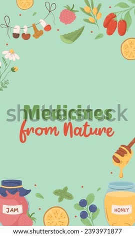 Collection of disease treating natural medicine. Collection of natural ingredients and wild fruit product, honey and jam. Concept of illness treatment, healthcare. Vector illustration Royalty-Free Stock Photo #2393971877