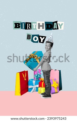 Composite collage picture image of funny cute little boy celebrate birthday party have fun hold gift box magazine surrealism metaphor