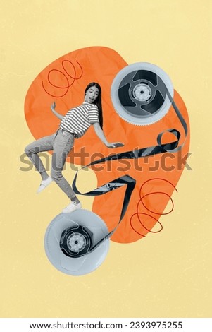 Vertical collage picture of impressed mini black white colors girl stand balancing big tape cassette isolated on beige background