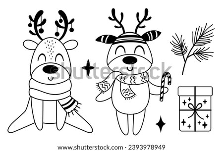 Black and white Christmas deers clipart in cartoon flat style. Merry Christmas clipart. Cute winter deer clip art. Vector illustration