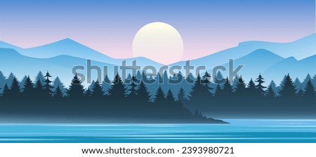 Mountain morning landscape. Sunrise in mountains sierra pine forest lake panoramic view, discover distant natural panorama vector illustration