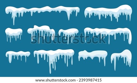 Set of snow icicles. Winter snow caps with ice. Flat vector design isolated on blue background. Snowdrifts, icicles, elements winter decor. Christmas, New Year Royalty-Free Stock Photo #2393987415