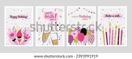 Bright birthday cards collection in retro style. Set of cards with glitter, confetti, bouquet, glasses, balls and candles.