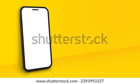 Mobile phone mockup with perspective view on yellow background. Blank smartphone screen includes clipping path for easy editing.