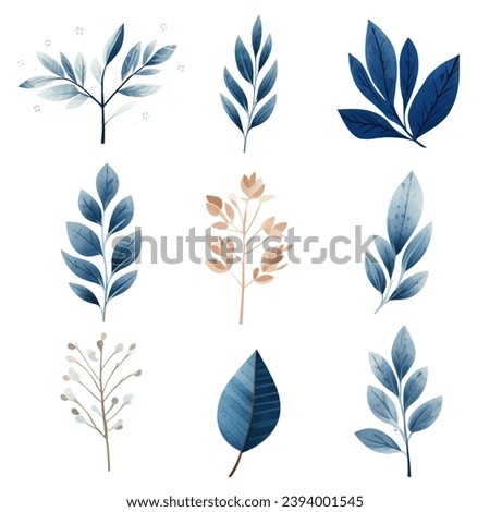 Set of winter botanicals. Watercolour flowers in a blue color palette. Isolated clip art botanicals.