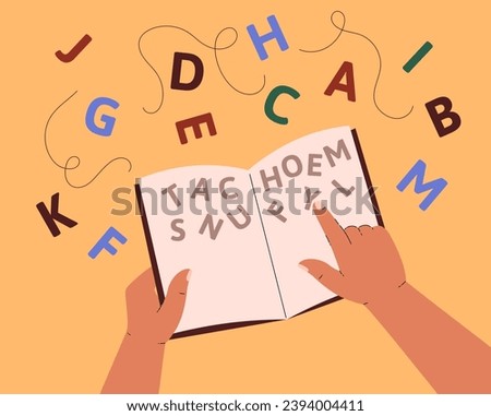Reading difficulties problem known as Dysgraphia and Dyslexia, learning difficulties concept, flat vector illustration isolated. Hands holding book with letters. Royalty-Free Stock Photo #2394004411