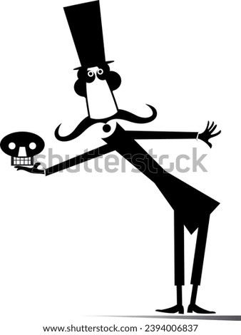 Cartoon man in the top hat holding skull.
Memento mori. Comic long mustache man in the top hat holding skull. Black and white illustration
