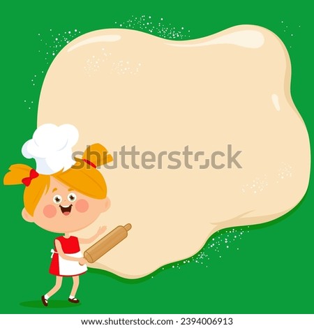 Bread or pizza dough background with little child chef holding a rolling pin. Bakery child cooks with cooking hat and apron. Vector illustration.