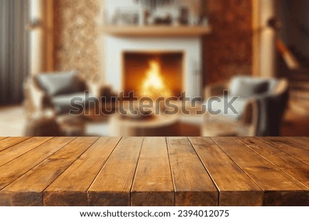 Wooden desk of free space and home interior with firerplace. Mockup background and winter december time. 
